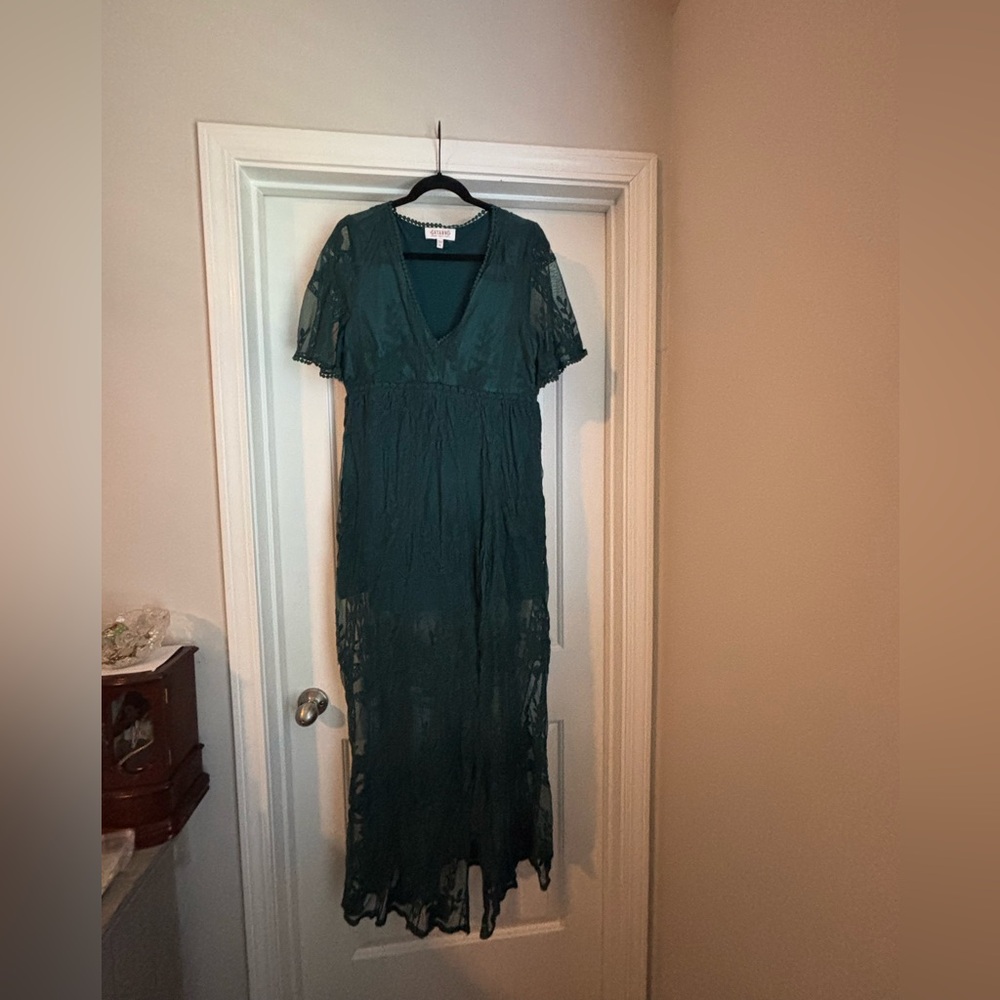 Shyanne Western Lace Maxi Dress Sz xL green Romantic Cowgirl Short Slv Underslip